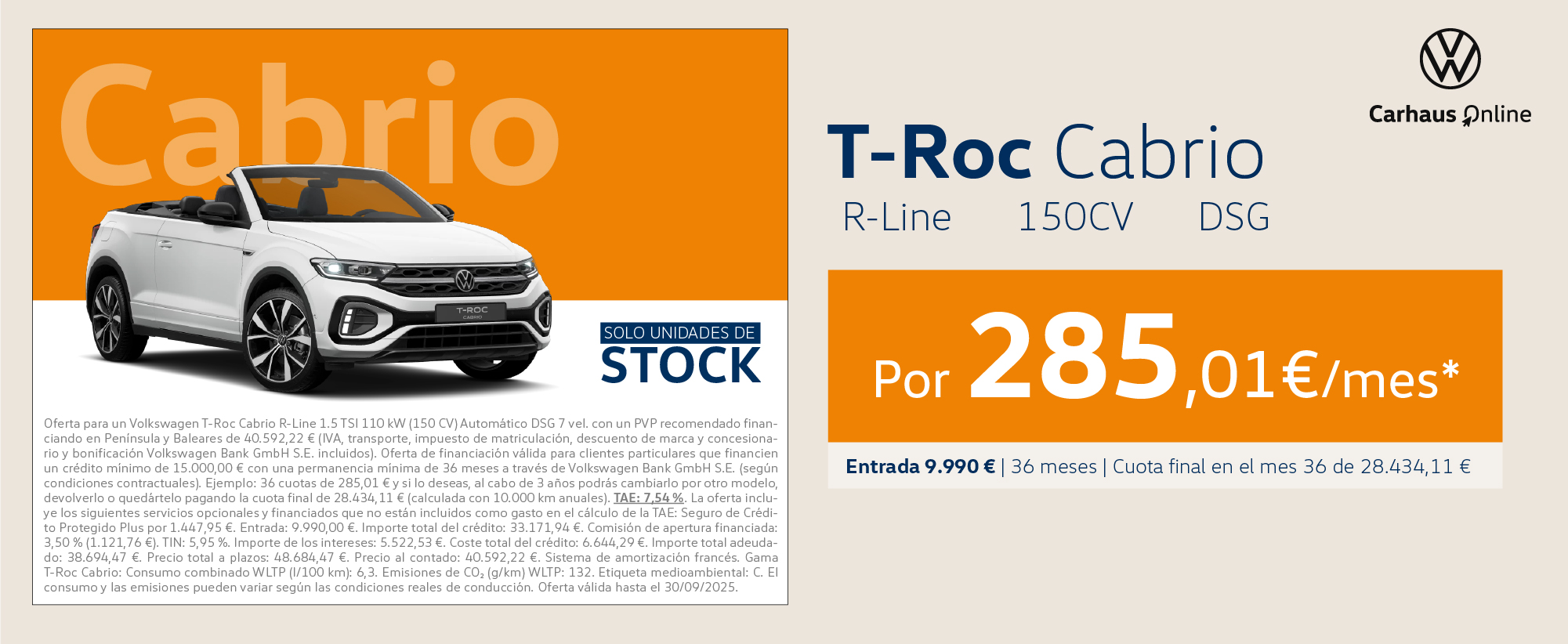 ¡Oferta! T-Roc Cabrio R-Line por 285€/mes*